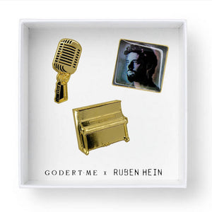 Exclusive Pins - Groundwork Rising Set,  three pins (piano+microphone+album). Designed by Godert.Me x Ruben Hein